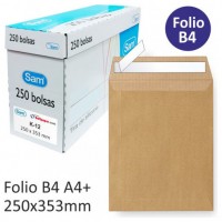 CAJA 250 BOLSAS DIN B4 FOLIO (250X353) KRAFT 90 GRS. AUTOSAM AUTOADHESIVO CON TIRA DE SILICONA SAM 145607 (Espera 4 dias) en Huesoi