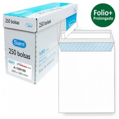 CAJA 250 BOLSAS FOLIO PROLONGADO (260X360) OFFSET BLANCO 100 GRS. OPENSAM AUTOADHESIVO CON TIRA DE SILICONA SAM 149005 (Espera 4 dias) en Huesoi