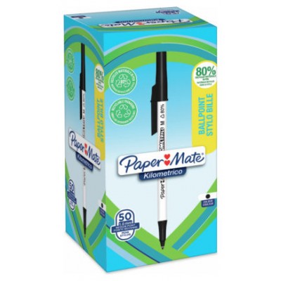 CAJA 50 BOLÍGRAFOS PAPER MATE KILOMÉTRICO PUNTA MEDIANA (1,0MM) TINTA NEGRA 80% PLÁSTICO RECICLADO PAPER MATE 2187701 (Espera 4 dias) en Huesoi