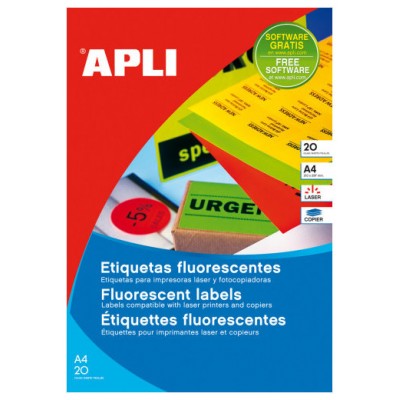 PACK 20 HOJAS (20UD.)ETIQUETAS AMARILLO FLUORESCENTE PERMANENTES 210,0 X 297,0 MM APLI 2878 (Espera 4 dias) en Huesoi