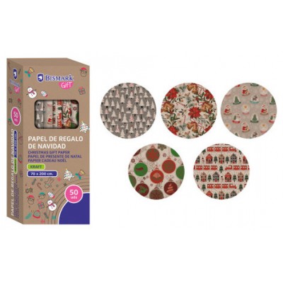 PAPEL DE REGALO KRAFT NAVIDAD 70X200 BISMARK 331823 (MIN50) (Espera 4 dias) en Huesoi