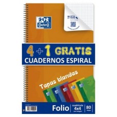 PACK 4+1 CUADERNO ESPIRAL TAPA BLANDA FOLIO 80 HOJAS 4X4 CON MARGEN COLORES VIVOS OXFORD 400027271 (Espera 4 dias) en Huesoi