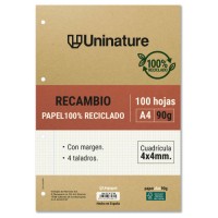 RECAMBIO RECICLADO A4 100 HOJAS 90GR CUADRICULA 4X4 MM CON TALADROS UNINATURE 53392700 (Espera 4 dias) en Huesoi