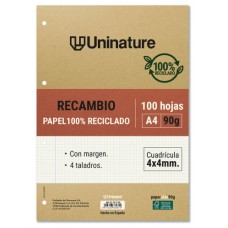 RECAMBIO RECICLADO A4 100 HOJAS 90GR CUADRICULA 4X4 MM CON TALADROS UNINATURE 53392700 (Espera 4 dias) en Huesoi