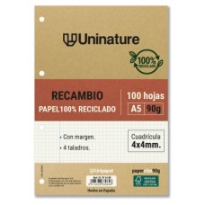 RECAMBIO RECICLADO A5 100 HOJAS 90GR CUADRICULA 4X4 MM CON TALADROS UNINATURE 53393400 (Espera 4 dias) en Huesoi