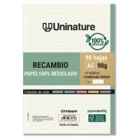 RECAMBIO RECICLADO A5 90 HOJAS 90GR CUADRICULA 5X5 MM CON TALADROS 5 BANDAS COLOR UNINATURE 53393500 (Espera 4 dias) en Huesoi