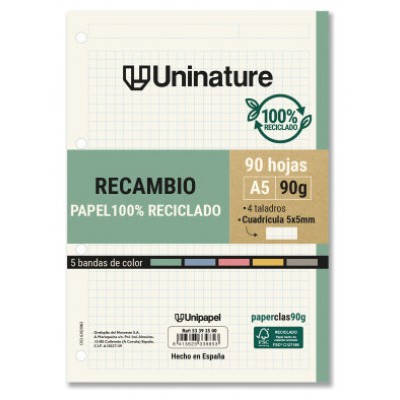 RECAMBIO RECICLADO A5 90 HOJAS 90GR CUADRICULA 5X5 MM CON TALADROS 5 BANDAS COLOR UNINATURE 53393500 (Espera 4 dias) en Huesoi