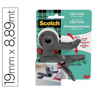 DISPENADOR PORTARROLLOS CLIP&TWIST C19 GRIS CON ROLLO CINTA INVISIBLE 19MM X 8,89M MAGIC C19-CLIP-CG-EMEA SCOTH 7100225277 (Espera 4 dias) en Huesoi