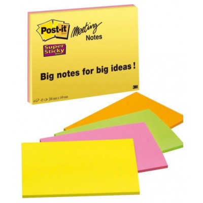 PACK 4 BLOCS 45 HOJAS NOTAS GRANDES ADHESIVAS 101X152MM SUPER STICKY COLORES SURTIDOS NEÓN 6845-SSP POST-IT 7100234637 (Espera 4 dias) en Huesoi