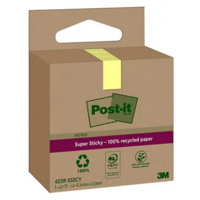 PACK 3 BLOCS 70 HOJAS NOTAS RECICLADAS ADHESIVAS 47,6X47,6MM SUPER STICKY AMARILLO PASTEL CAJA CARTÓN 622 RSS3CY POST-IT 7100284575 (Espera 4 dias) en Huesoi