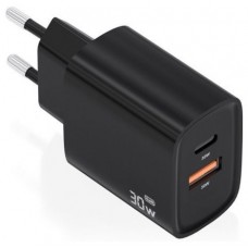 AISENS - CARGADOR GaN 30W, 1xUSB-C PD3.0 QC4.0, 1xUSB-A QC3.0, NEGRO en Huesoi