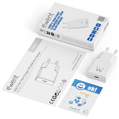 EWENT EW1310 Cargador r&aacute;pido USB-C 20W Tec.Ganfast en Huesoi