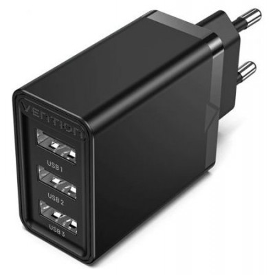 CARGADOR PARED/VIAJE 3xUSB-A 12W NEGRO VENTION (Espera 4 dias) en Huesoi