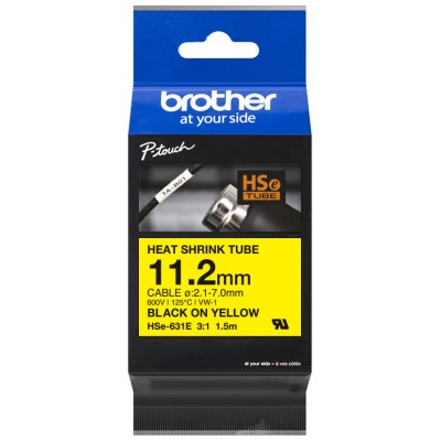 BROTHER Cinta tubo termorretractil. Texto negro sobre fondo amarillo. PTE300, PTE550W, PTP750W, PTP9 en Huesoi