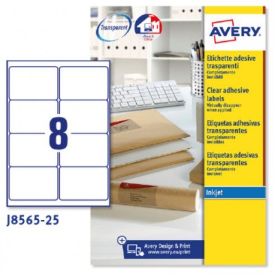 PAQUETE 25 HOJAS ETIQUETAS TRANSPARENTES QUICKPEEL-IMPRESORAS DE INYECCIÓN DE TINTA-99,1X67,7 MM AVERY J8565-25 (Espera 4 dias) en Huesoi