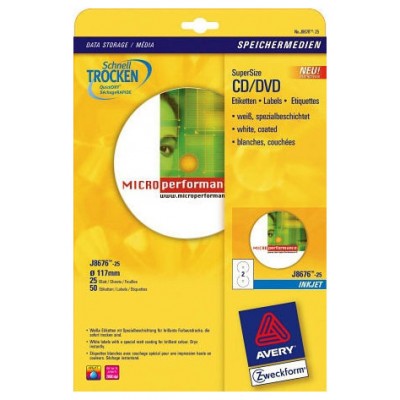 PAQUETE 25 HOJAS ETIQUETAS FULL-FACE NO TOUCH BLANCAS PAPEL CUCHÉ OPACA PARA CD-IMPRESORAS INYECCIÓN TINTA-117 MM AVERY J8676-25 (Espera 4 dias) en Huesoi