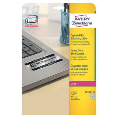 PAQUETE 20 HOJAS ETIQUETAS PLATEADAS DE POLIÉSTER-IMPRESORAS LÁSER-210X297 MM AVERY L6013-20 (Espera 4 dias) en Huesoi