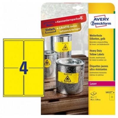 PAQUETE 8 HOJAS ETIQUETAS AMARILLAS DE POLIÉSTER-IMPRESORAS LÁSER, LÁSER DE COLOR-99,1 X 139 MM AVERY L6127-8 (Espera 4 dias) en Huesoi