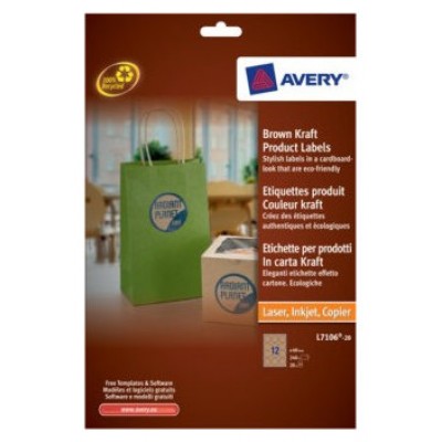 PAQUETE 20 HOJAS ETIQUETAS PARA PRODUCTOS EN PAPEL KRAFT, EFECTO CARTÓN-IMPRESORAS LÁSER/LÁSER DE COLOR/ INYECCIÓN DE TINTA-REDONDAS-60 MM AVERY L7106-20 (Espera 4 dias) en Huesoi