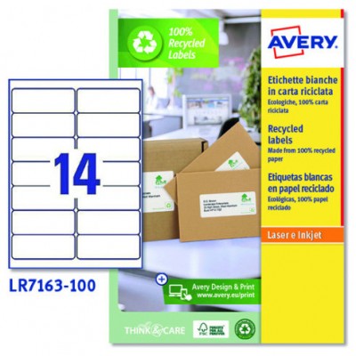 CAJA 100 ETIQUETAS BLANCAS RECICLADAS - QUICKPEEL - IMPRESORAS LÁSER 99,1X38,1MM - 14 ETIQUETAS POR HOJA AVERY LR7163-100 (Espera 4 dias) en Huesoi