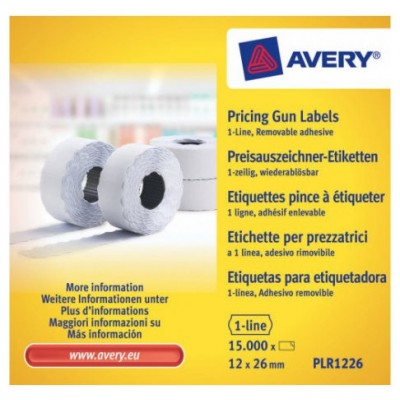 PACK 10 ROLLOS DE ETIQUETAS BLANCAS-DESPEGABLES DE 1 LÍNEA-1.500 ETIQUETAS 12X26MM POR ROLLO AVERY PLR1226 (Espera 4 dias) en Huesoi
