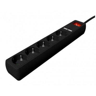 REGLETA CON CARGADOR USB, 5 ENCHUFES, 1.5 M, USB 2A, COLOR NEGRO en Huesoi