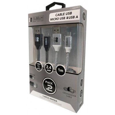 SUBBLIM PACK 2 CABLES USB A MICRO USB (2.4A) 1M BLACK/SILVER (Espera 4 dias) en Huesoi