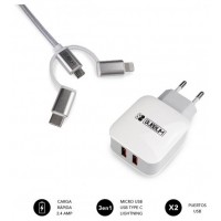 SUBBLIM CARGADOR USB DE VIAJE/PARED 2xUSB (2.4A) + CABLE 3EN1 WHITE Plata, Blanco Interior (Espera 4 dias) en Huesoi