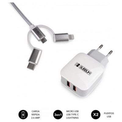 SUBBLIM CARGADOR USB DE VIAJE/PARED 2xUSB (2.4A) + CABLE 3EN1 WHITE Plata, Blanco Interior (Espera 4 dias) en Huesoi