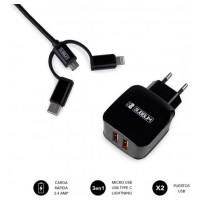 SUBBLIM CARGADOR USB DE VIAJE/PARED 2xUSB (2.4A) + CABLE 3EN1 BLACK Negro Interior (Espera 4 dias) en Huesoi