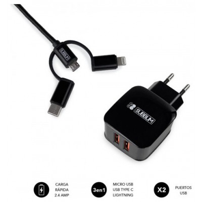 CARGADOR PARED SUBBLIM ABS 2.4A CON CABLE 3IN1 BLACK en Huesoi