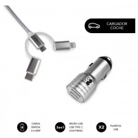 SUBBLIM Cargador Coche 2xUSB Dual Car Charger Alum 2.4A + Cable 3 in 1 Silver (Espera 4 dias) en Huesoi