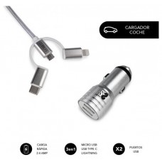 SUBBLIM Cargador Coche 2xUSB Dual Car Charger Alum 2.4A + Cable 3 in 1 Silver (Espera 4 dias) en Huesoi