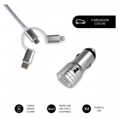 SUBBLIM Cargador Coche 2xUSB Dual Car Charger Alum 2.4A + Cable 3 in 1 Silver (Espera 4 dias) en Huesoi