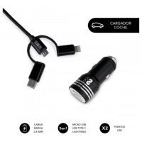 SUBBLIM Cargador Coche 2xUSB Dual Car Charger Alum 2.4A + Cable 3 in 1 Black (Espera 4 dias) en Huesoi