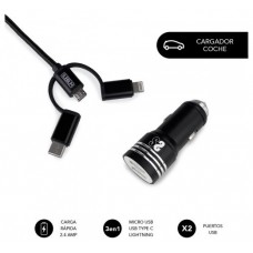 CARGADOR COCHE SUBBLIM ALUM 2.4A + CABLE 3 IN1 BLACK en Huesoi