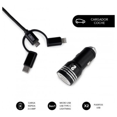 CARGADOR USB COCHE 2xUSB (2.4A) + CABLE 3EN1 NEGRO SUBBLIM (Espera 4 dias) en Huesoi